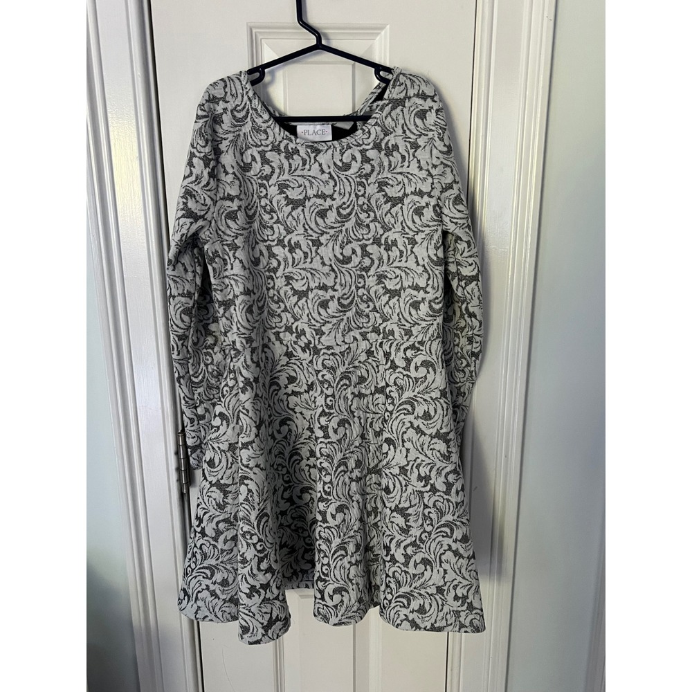 The Childrens Place Girls Silver Black Metallic Scroll Skater Dress L 10/12